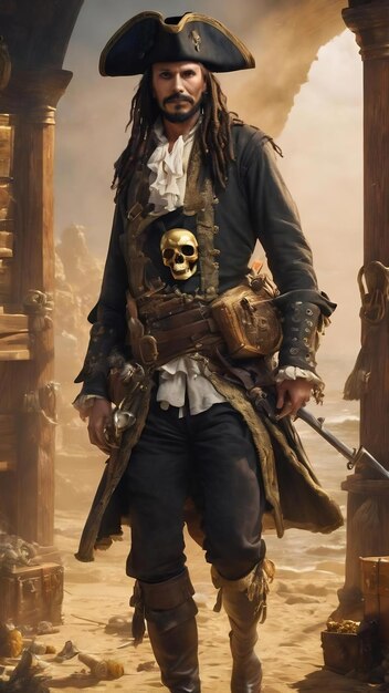 Pirat z ludzką czaszką, skarbem i złotem.