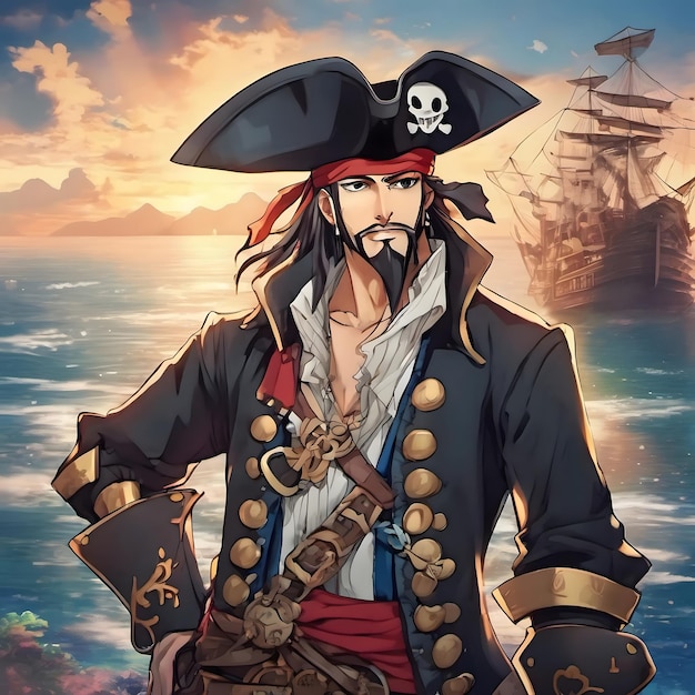 pirat z pirackim kapeluszem i kapeluszem pirackim stoi w wodzie