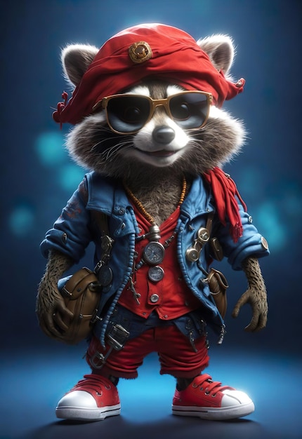 Pirate Racoon w pirackim kapeluszu i okularach przeciwsłonecznych Wysoka rozdzielczość