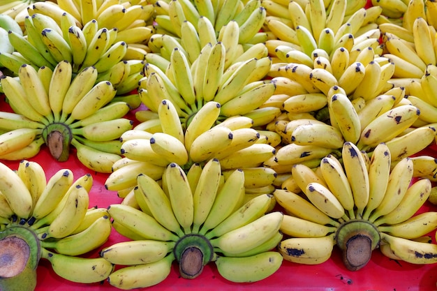 Pisang mas banana banan lub jajko z kurczaka na sprzedaż na lokalnym rynku owoców.