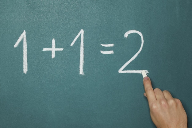 Pisanie równania 1+1=2 na tablicy szkolnej