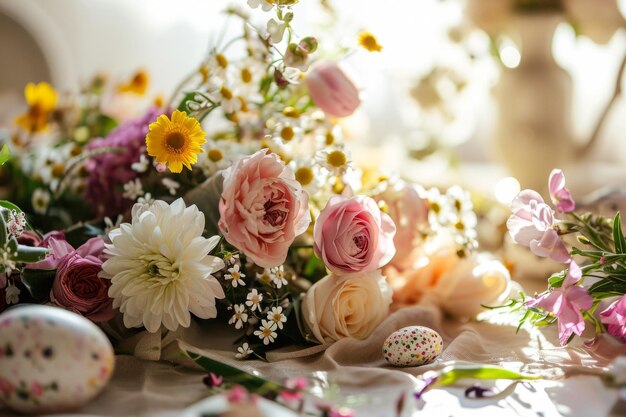 Zdjęcie pisanki i kwiaty kompozycja kwiatowa otoczona dekoracjami wielkanocnymi generacyjna ai