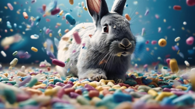 Pisanki króliczka otoczone są kolorowym konfetti