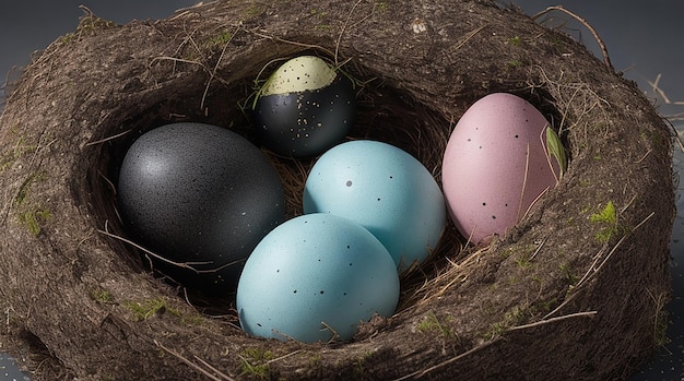 Pisanki w naturalnym gnieździe z jajami ptasimi na czarnym tle, widok z góry i poziomo