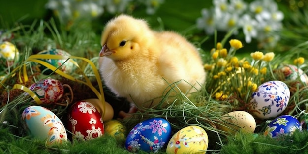 Zdjęcie pisklęta i jaja wielkanocne na trawach płytkie głębi pola koncepcja szczęśliwy dzień wielkanocny
