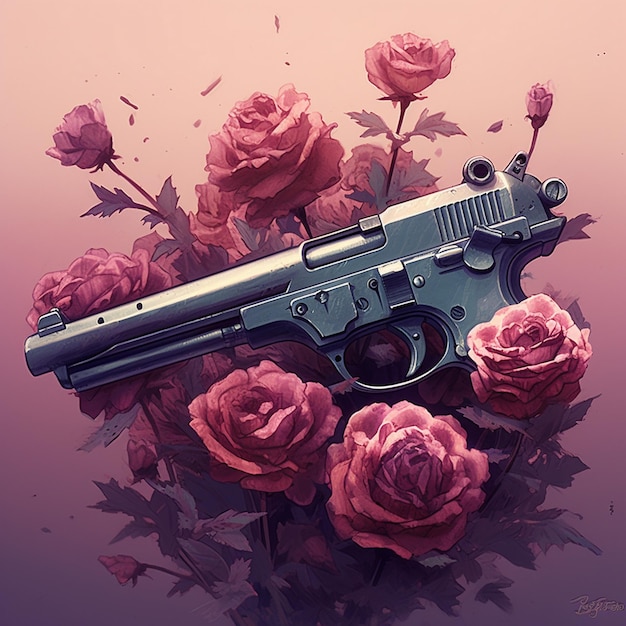 Zdjęcie pistolet i kwiaty pistolet i róża pistolet