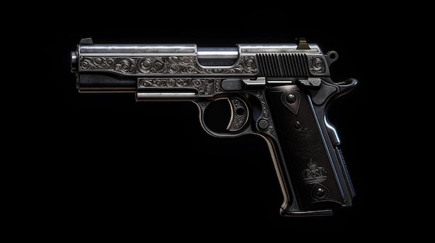 Pistolet na czarnym tle zbliżenie pistoletu i kul w stołowej krócicy do obrony lub ataku