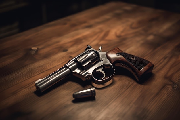 Pistolet na drewnianym stole z napisem pistolet