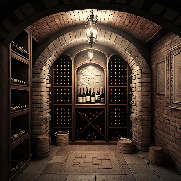 Piwnica na wino Stara winiarnia Przechowywanie Dębowe beczki Magazyn Vintage Butelki Piwnica Generatywna ilustracja AI