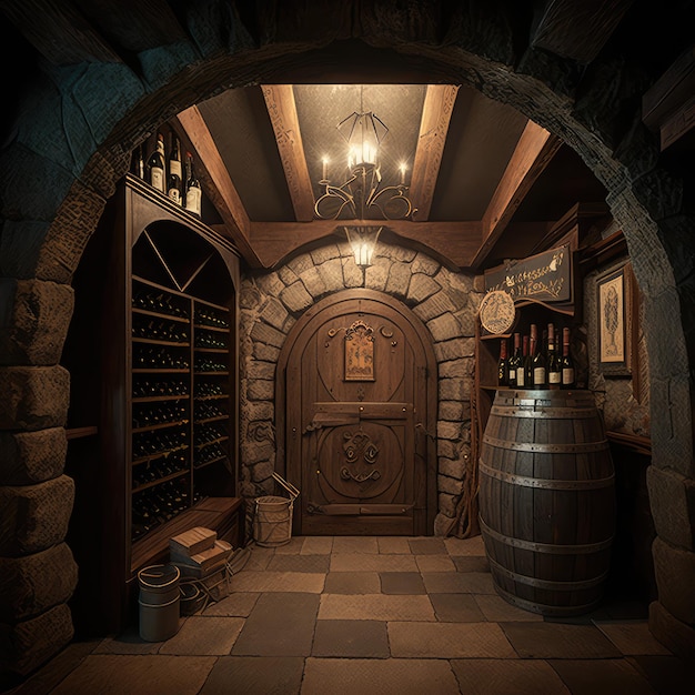 Piwnica na wino Stara winiarnia Przechowywanie Dębowe beczki Magazyn Vintage Butelki Piwnica Generatywna ilustracja AI