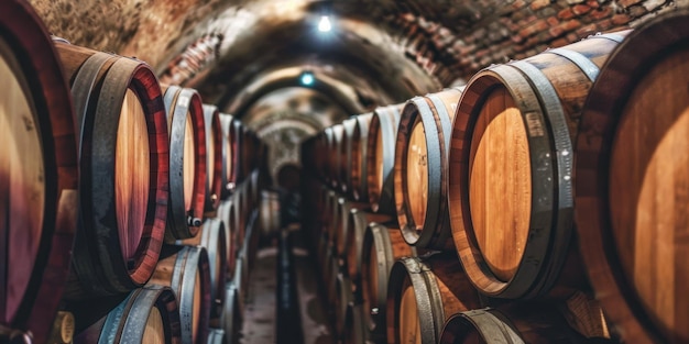 Piwnica pełna beczek z winem Drewniane beczki z winem ułożone jedna na drugiej Koncepcja alkoholu