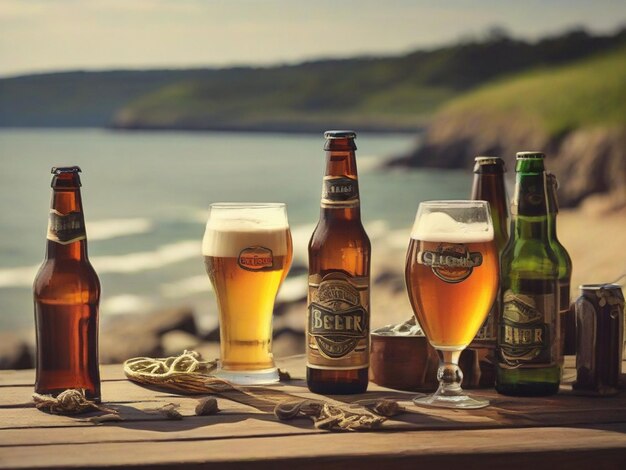 Piwo i butelki piwa i kieliszki na stole na wybrzeżu w lecie