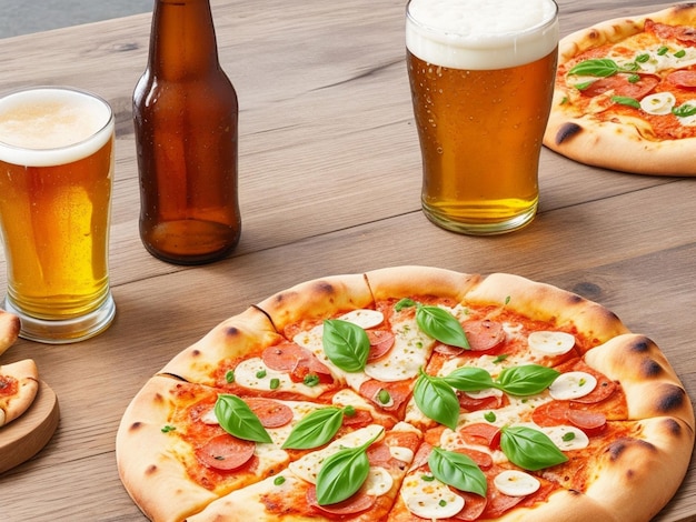Piwo i domowa pizza na drewnianym stole.