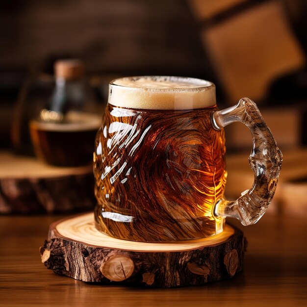 Zdjęcie piwo kufel piwa rzemieślniczego w szklance piwa na drewnianym stojaku na tle pubu