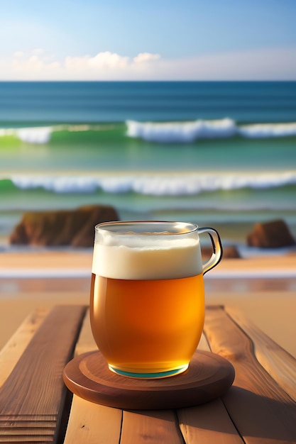 Piwo na drewnianym stole z niewyraźnym tłem plaży
