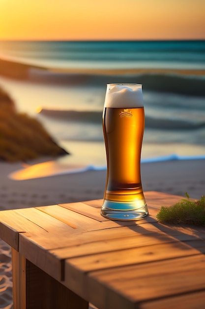 Piwo na drewnianym stole z niewyraźnym tłem plaży