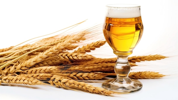 Piwo naturalne i pszenica na białym tle Szklanka popularnego letniego napoju Piwo lekkie