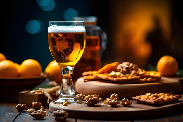 Zdjęcie piwo z pizzą i cytryną międzynarodowy dzień piwa
