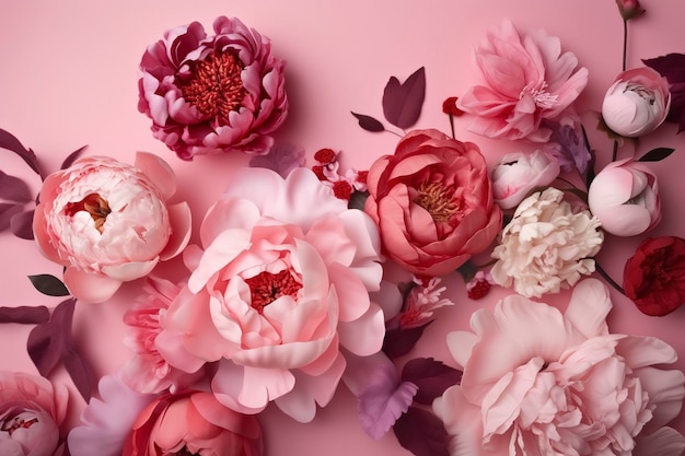 Piwonie róże na różowym tle z miejsca na kopię Streszczenie naturalny kwiatowy układ ramki z miejsca na tekst Romantyczna kobieca kompozycja Zaproszenie na ślub generować ai