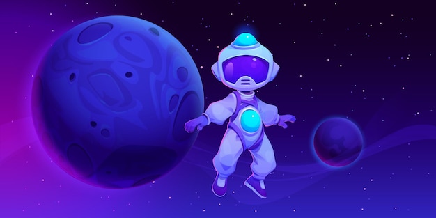 Pixel art astronauta w kosmosie z fioletową aurą i obiektami astronomicznymi