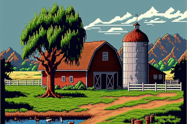 Pixel art farmy z ogrodzeniem silosu stodoły i tłem drzew w stylu retro dla 8-bitowej gry AI