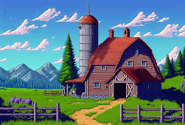 Pixel art farmy z ogrodzeniem silosu stodoły i tłem drzew w stylu retro dla 8-bitowej gry AI