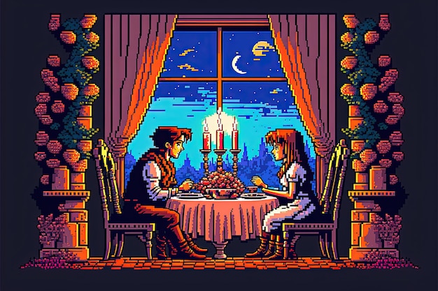 Pixel art kochającej się pary na romantycznej kolacji Walentynki tło dla 8-bitowej gry AI