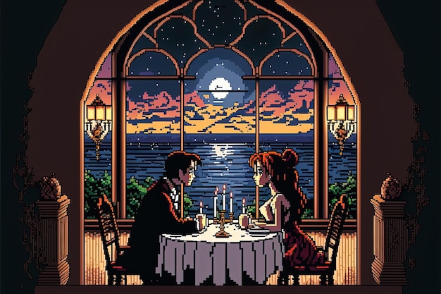 Pixel art kochającej się pary na romantycznej kolacji Walentynki tło dla 8-bitowej gry AI