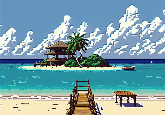 Pixel art Paradise Island Resort krajobraz bungalowu na plaży w stylu retro dla 8-bitowej gry AI