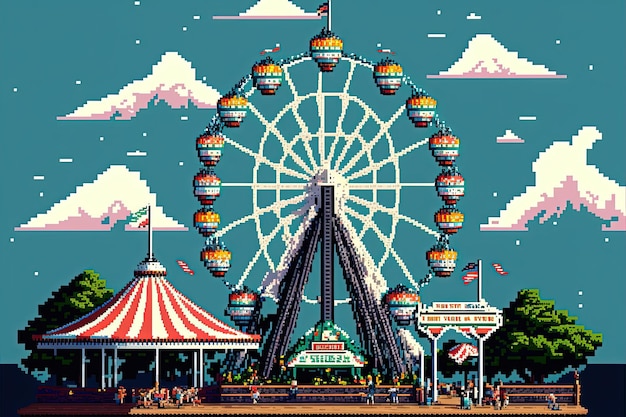 Pixel art park rozrywki tło w stylu retro dla 8-bit gry Generative AI