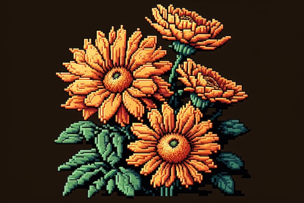 Pixel art pomarańczowe kwiaty kwiat w stylu retro dla gry 8-bit Generative AI