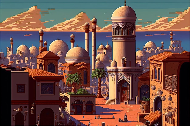Zdjęcie pixel art starożytne arabskie miasto na pustyni z budynkami i palmami w tle 8-bitowa gra ai