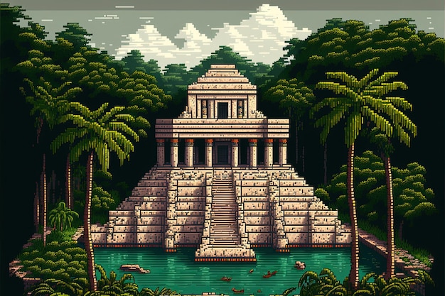 Zdjęcie pixel art świątynia majów starożytna piramida majów na tle lasu w stylu retro dla 8 bitów ai
