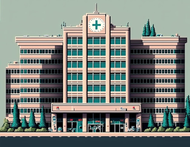 Pixel art szpital przednia fasada szpitala tło w stylu retro dla 8-bit gry Generative AI