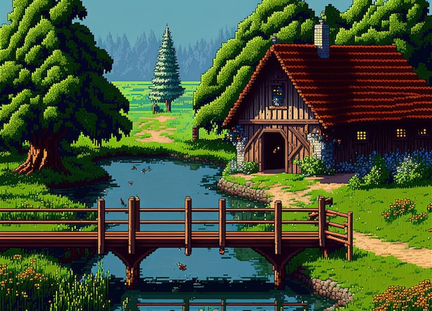 Pixel art wiejskie pole z domem drewniany most rzeka i drzewa tło dla 8 bitów gry AI