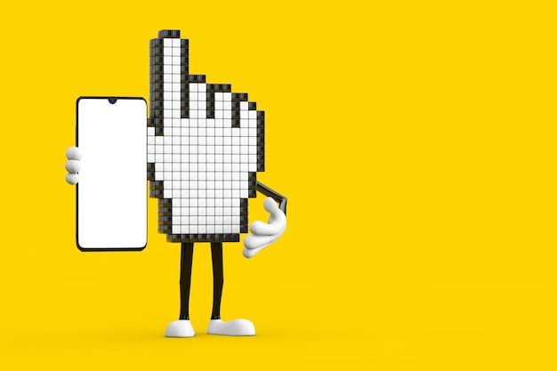 Pixel Hand Cursor Mascot Person Character i nowoczesny telefon komórkowy z pustym ekranem do projektowania 3d Rendering