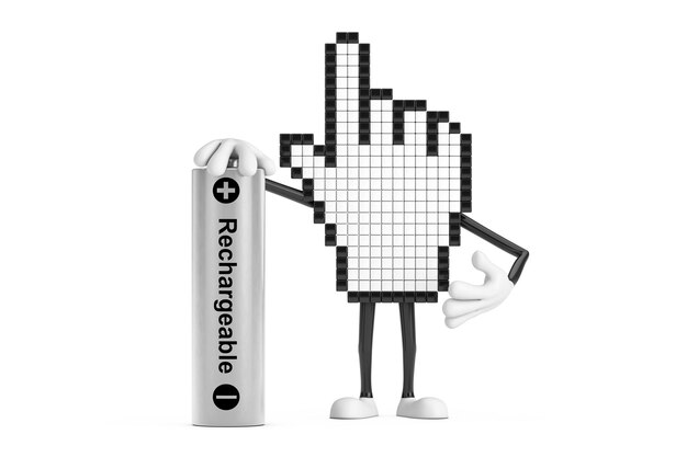 Zdjęcie pixel hand cursor mascot person character z akumulatorem rendering 3d