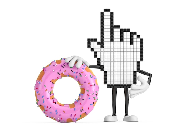 Pixel Hand Cursor Mascot Person Character z Big Strawberry Pink Glazed Donut 3d Rendering