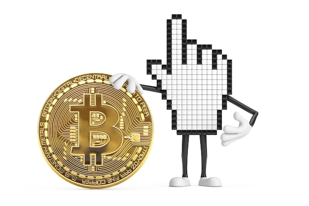 Pixel Hand Cursor Mascot Person Character z cyfrową i kryptowalutową Golden Bitcoin Coin 3d Rendering