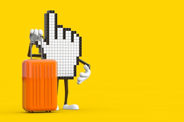 Pixel Hand Cursor maskotka osoba postać z pomarańczową walizką podróżną 3d renderowania
