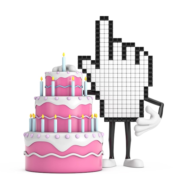 Zdjęcie pixel hand cursor maskotka osoba postać z urodzinami deser deser warstwowy ciasto i świece renderowania 3d