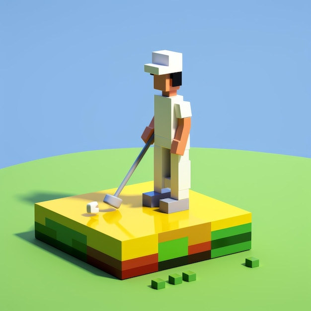 Pixelowany golfer 3d 8-bitowy kreskówka na zielonym tle