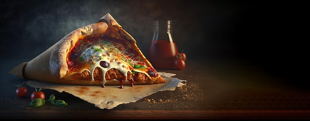 Zdjęcie pizza calzone pokrojona na kawałki ciemne tło tradycyjna kuchnia włoska generowana przez sztuczną inteligencję