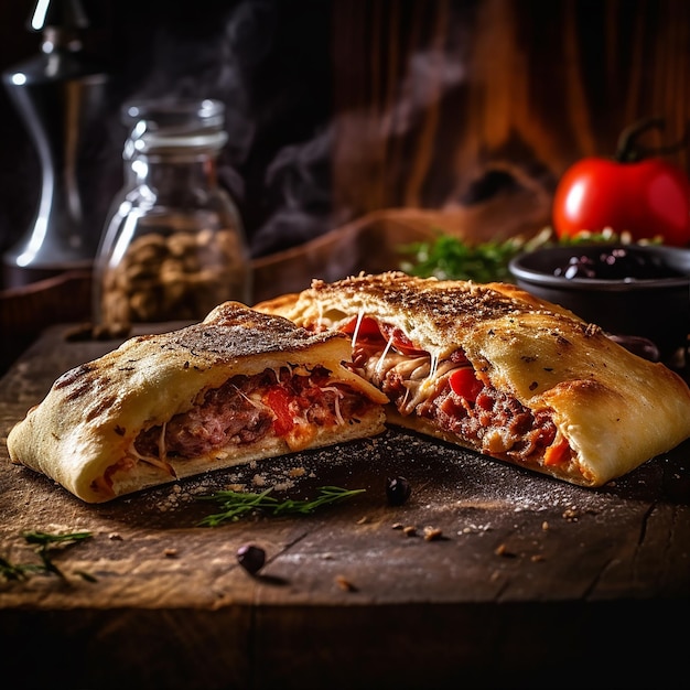 Zdjęcie pizza calzone z drewnianą podstawą i klasyczną kuchnią