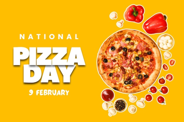 Pizza dnia pizzy z cięciami na żółtym tle