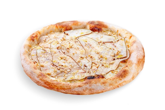 Pizza Gorgonzola z orzechami gruszkowymi sos syringa oliwa truflowa neapolitańska okrągła pizza na białym tle