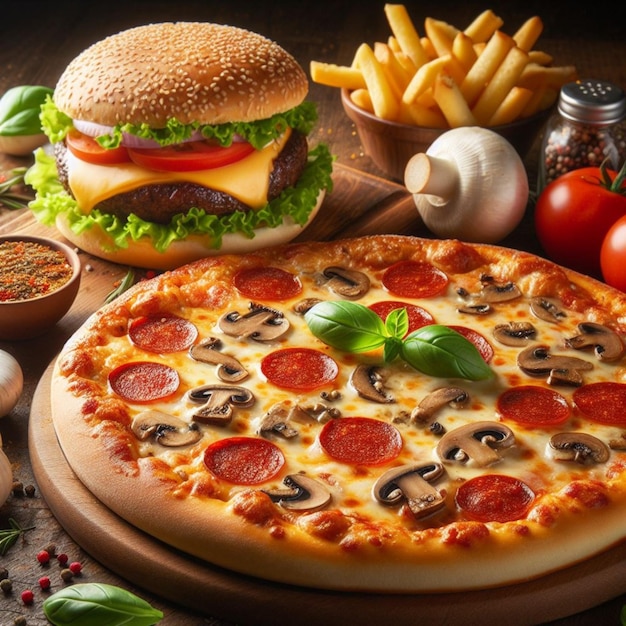 Zdjęcie pizza i hamburger realistyczne zdjęcie