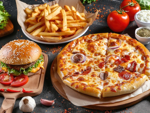 Zdjęcie pizza i hamburger są na stole z frytkami i pomidorem