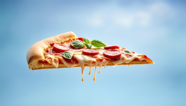 Pizza Kawałek pizzy z salami, bazylią i gorącym kroplącym serem na niebieskim tle