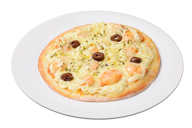 Pizza Mała krewetka pizza na białym talerzu odizolowywającym na przezroczystym tle